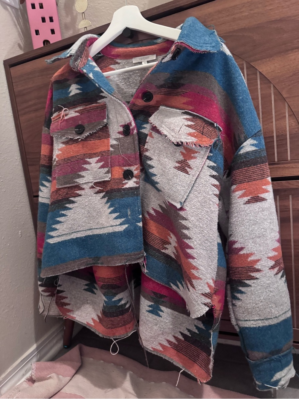 Aztec Print Shacket Jacket in Teal, Rust & Gray